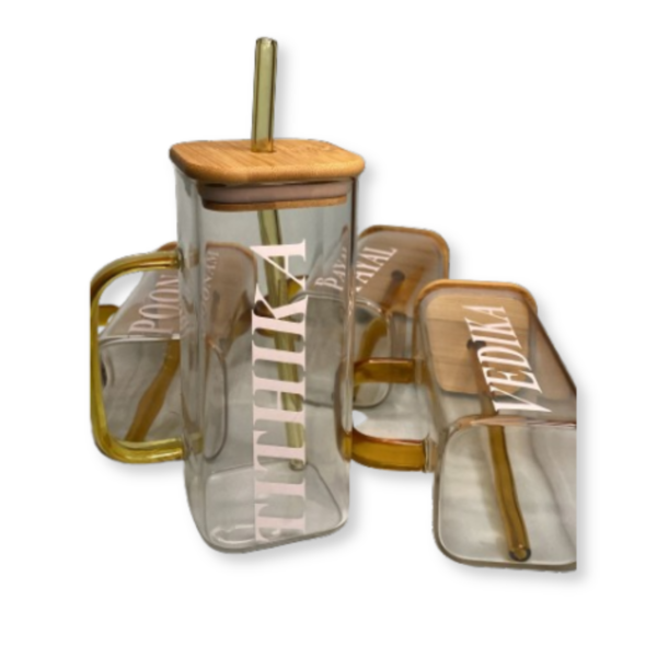 personalised glass tumbler with bamboo lid and glass straw